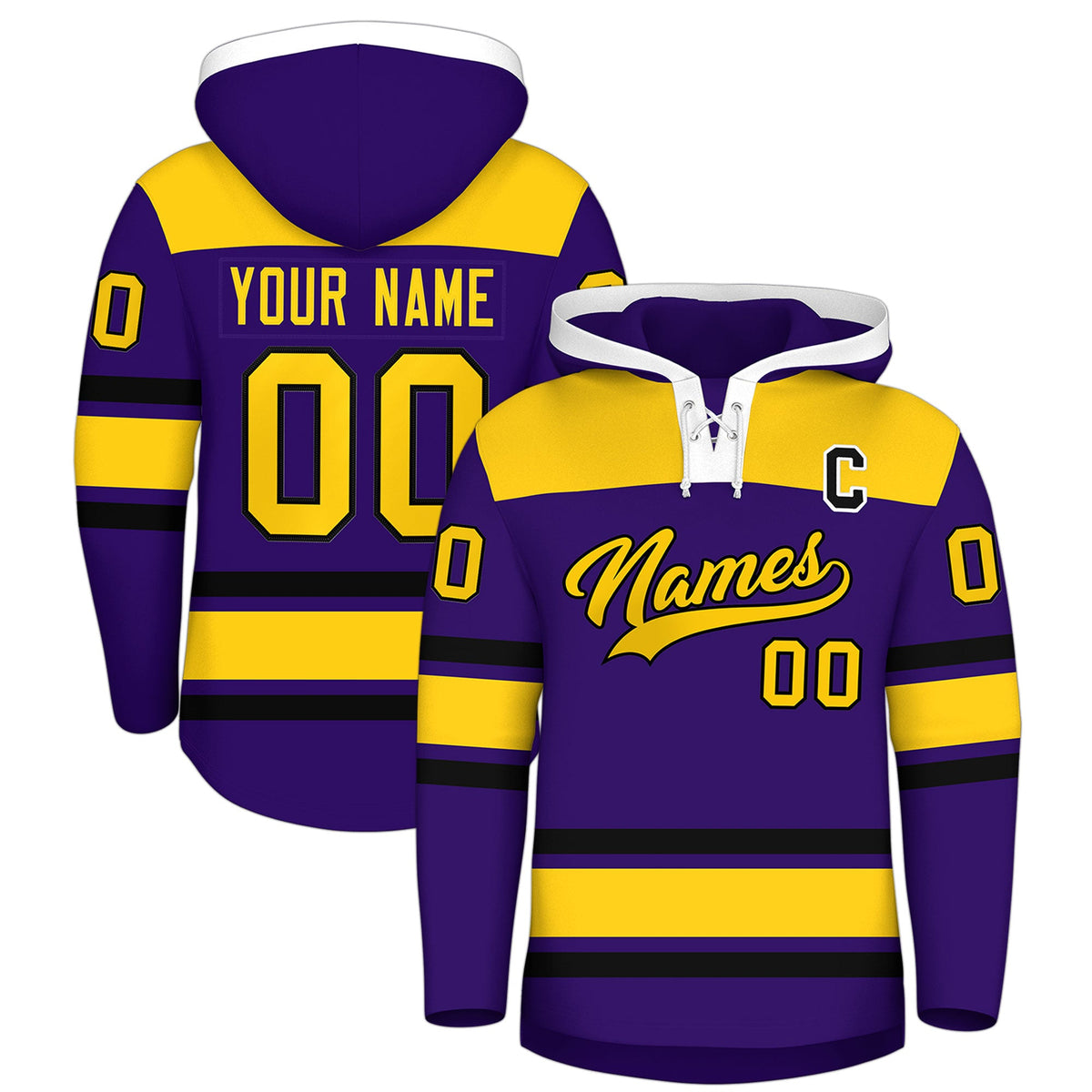 Custom Hockey Hoodie Jersey Purple Gold Raglan Sleeves Lace-Up Neck Personal Name & Number & Logo