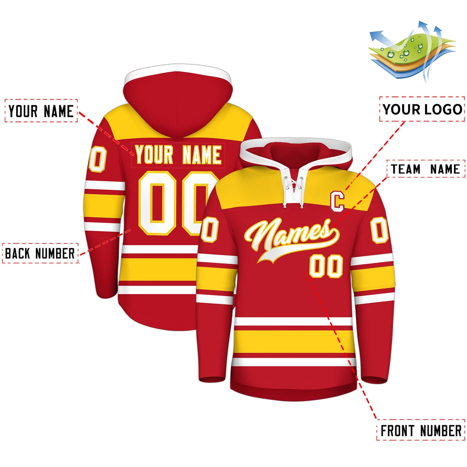 Custom Hockey Hoodie Jersey Red Gold Raglan Sleeves Lace-Up Neck Personalized Jersey for Men & Youth