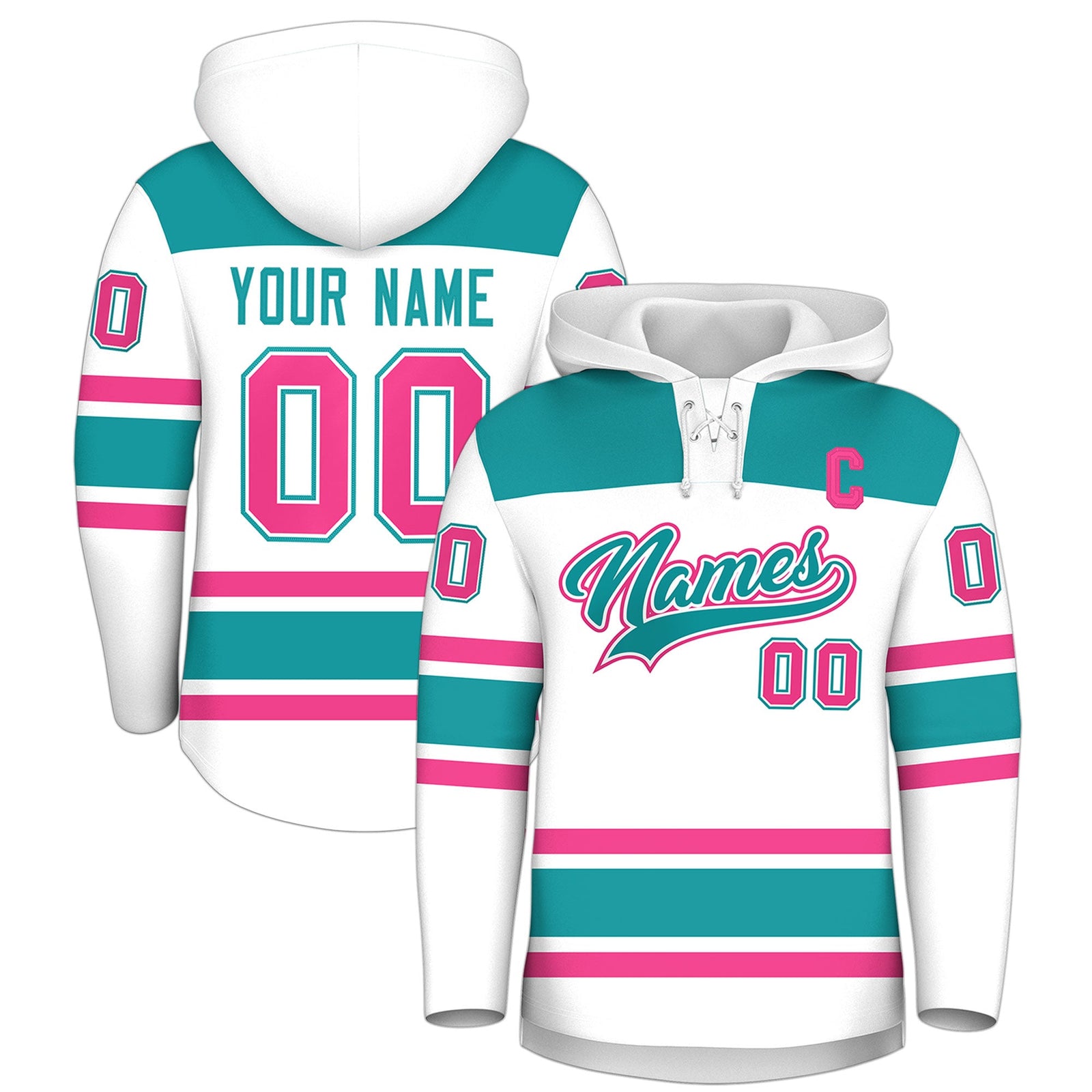 Custom Hockey Hoodie Jersey White Aqua Raglan Sleeves Lace-Up Neck Personal Name & Number & Logo