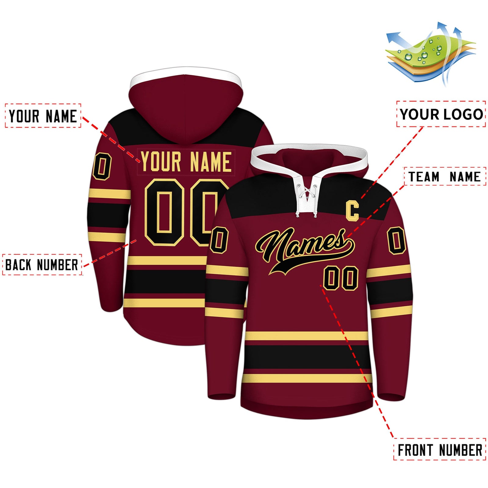 Custom Hockey Hoodie Jersey Crimson Black Raglan Sleeves Lace-Up Neck Personal Name & Number & Logo