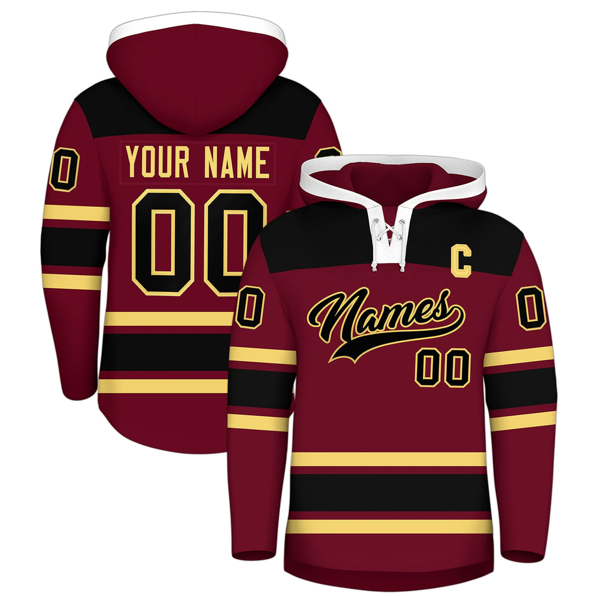Custom Hockey Hoodie Jersey Crimson Black Raglan Sleeves Lace-Up Neck Personal Name & Number & Logo