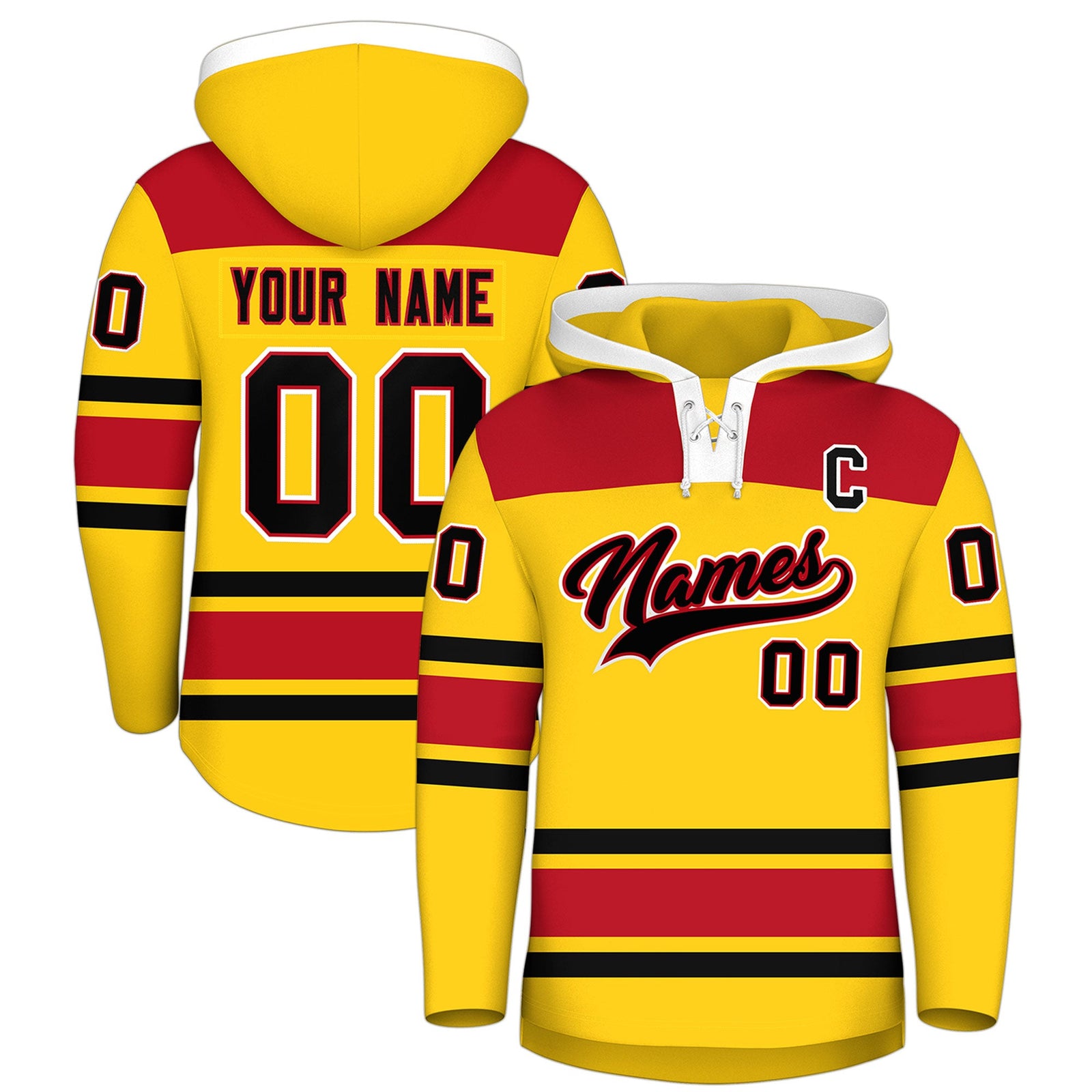 Custom Hockey Hoodie Jersey Gold Red Raglan Sleeves Lace-Up Neck Personal Name & Number & Logo