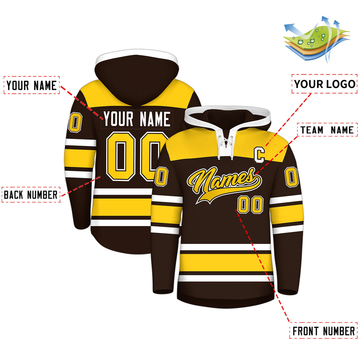 Custom Hockey Hoodie Jersey Brown Gold Raglan Sleeves Lace-Up Neck Personalized Jersey for Men & Youth