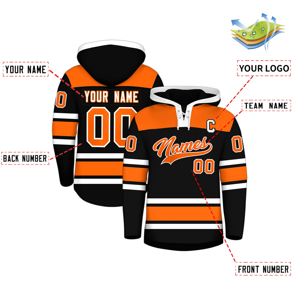 Custom Hockey Hoodie Jersey Black Orange Raglan Sleeves Lace-Up Neck Personalized Jersey for Men & Youth