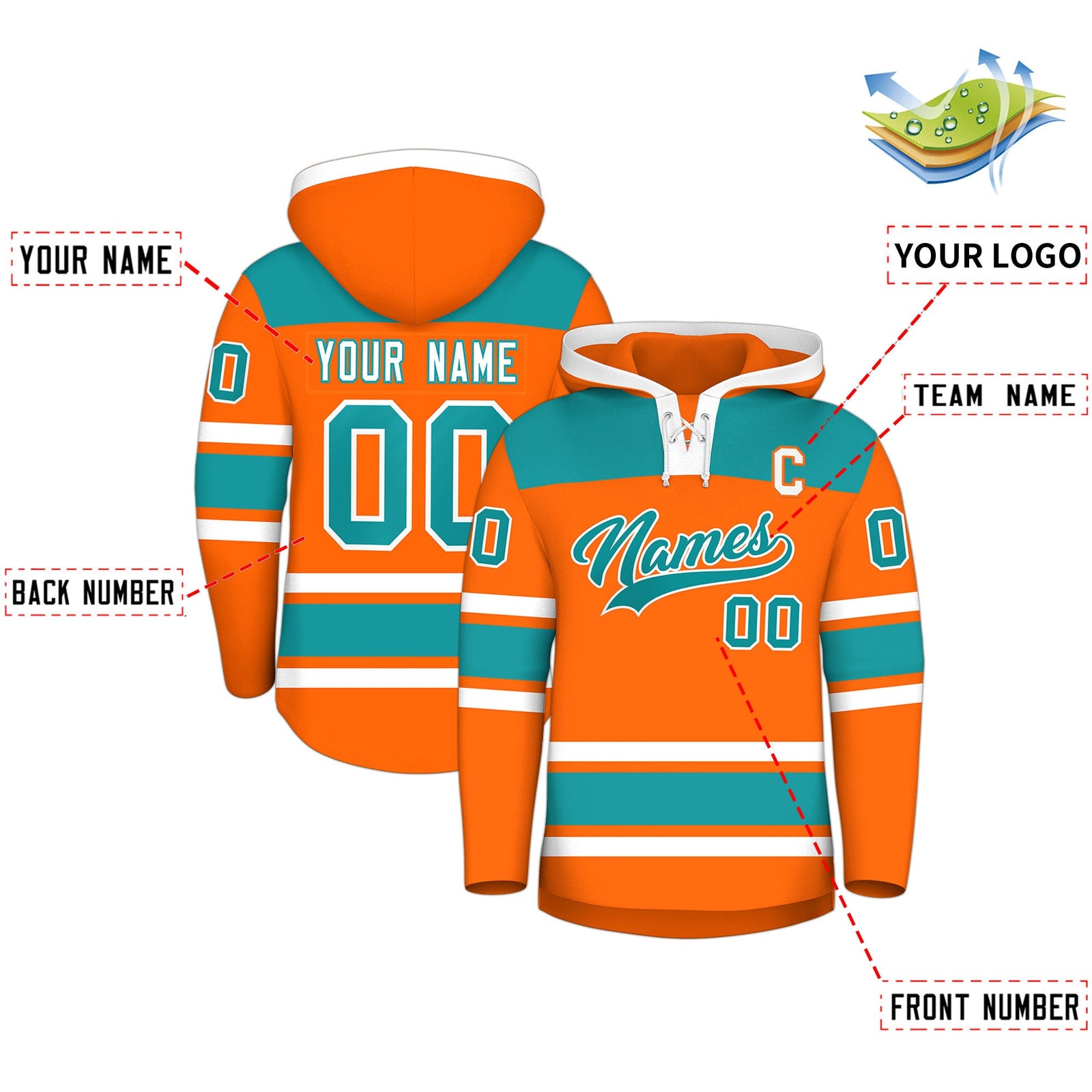 Custom Hockey Hoodie Jersey Orange Aqua Raglan Sleeves Lace-Up Neck Classic Team Colors Hoodie