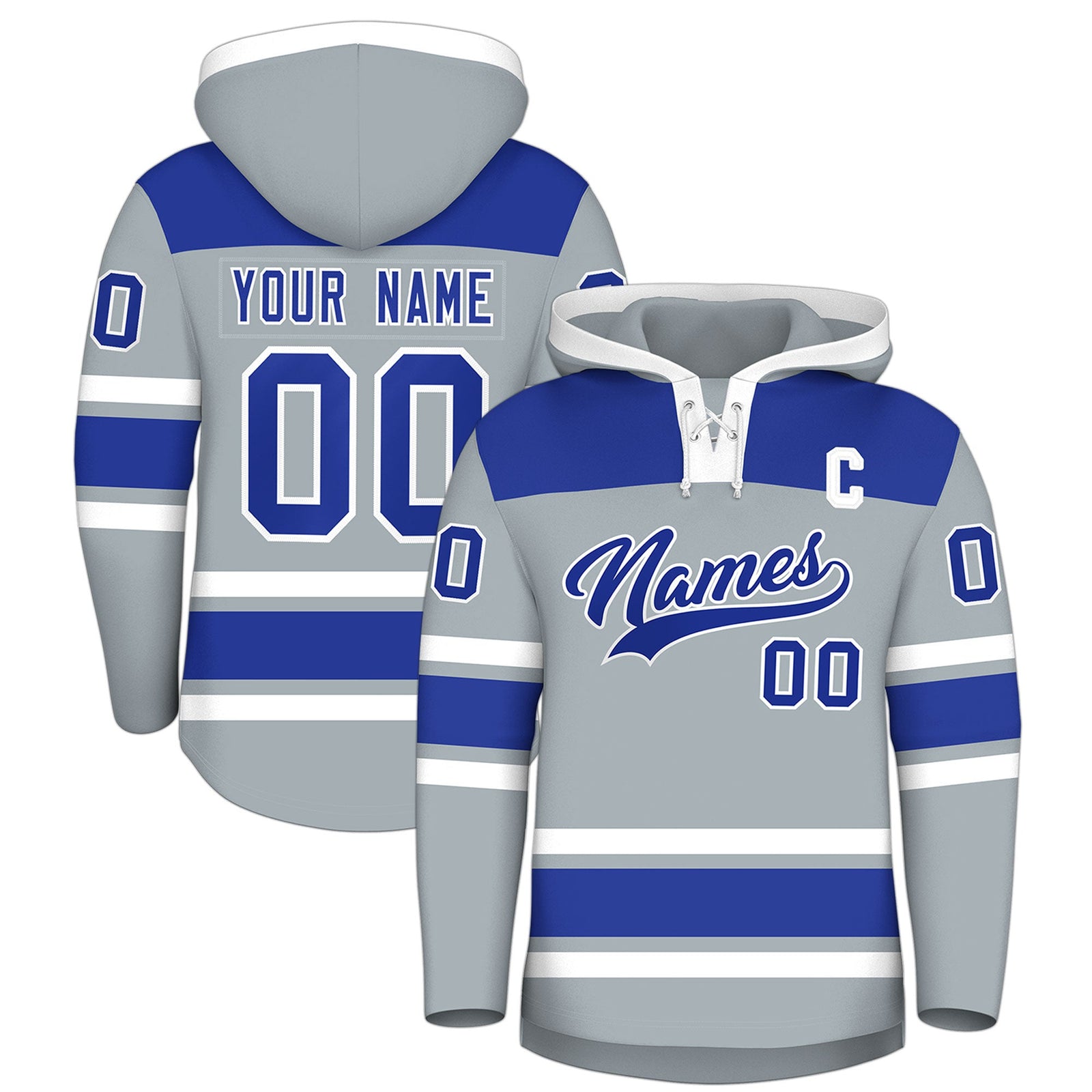 Custom Hockey Hoodie Jersey Silver Royal Blue Raglan Sleeves Lace-Up Neck Personalized Jersey for Men & Youth