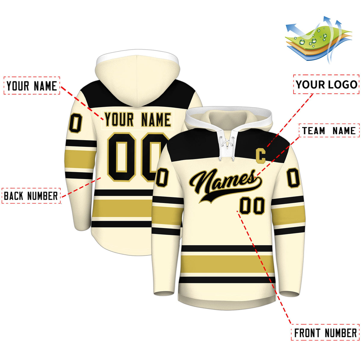 Custom Hockey Hoodie Jersey Cream Old Gold Raglan Sleeves Lace-Up Neck Personal Name & Number & Logo