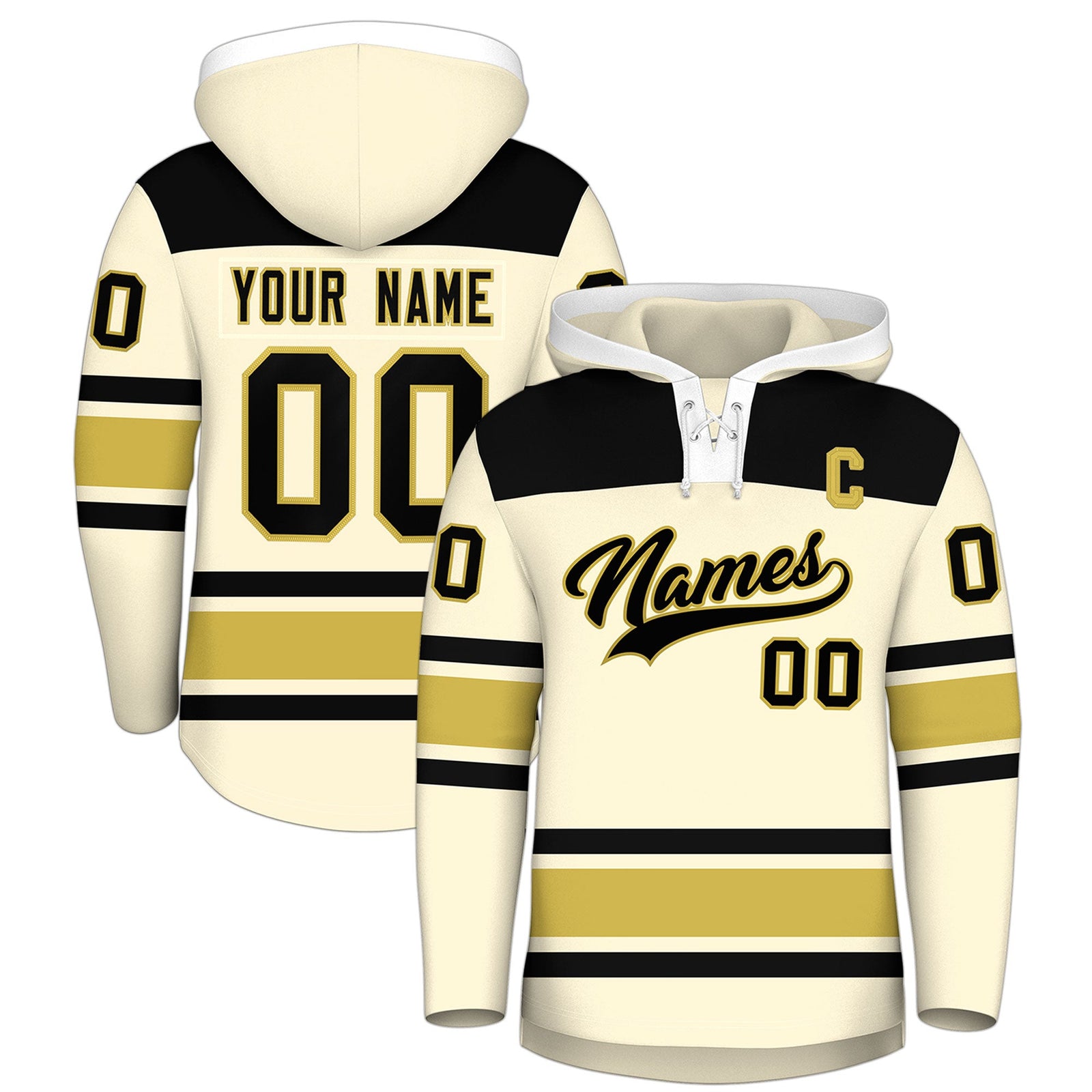Custom Hockey Hoodie Jersey Cream Old Gold Raglan Sleeves Lace-Up Neck Personal Name & Number & Logo