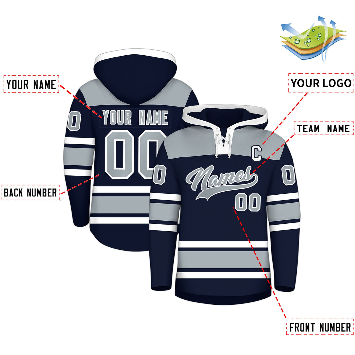 Custom Hockey Hoodie Jersey Navy Silver Raglan Sleeves Lace-Up Neck Personalized Jersey for Men & Youth