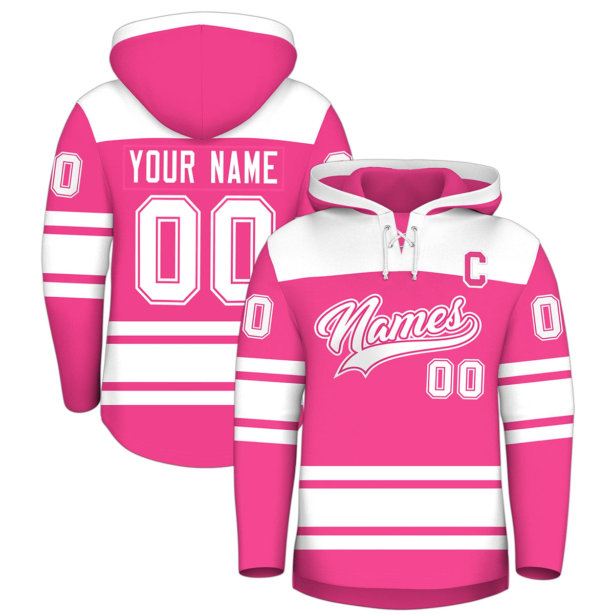 Custom Hockey Hoodie Jersey Pink White Raglan Sleeves Lace-Up Neck Personalized Jersey for Men & Youth
