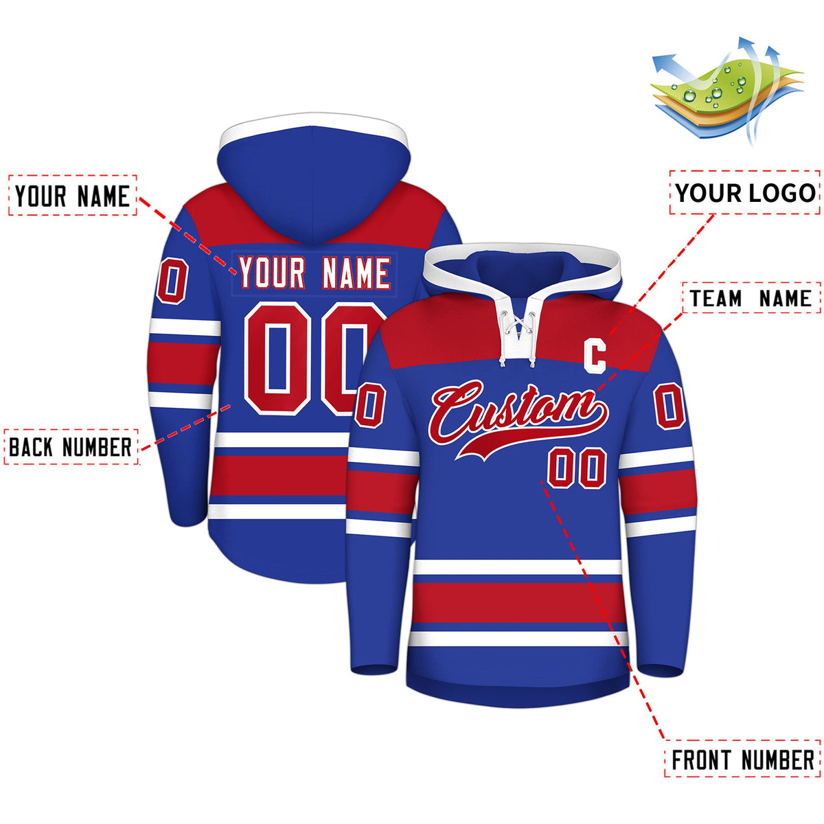 Custom Hockey Hoodie Jersey Royal Blue Red Raglan Sleeves Lace-Up Neck Personal Name & Number & Logo