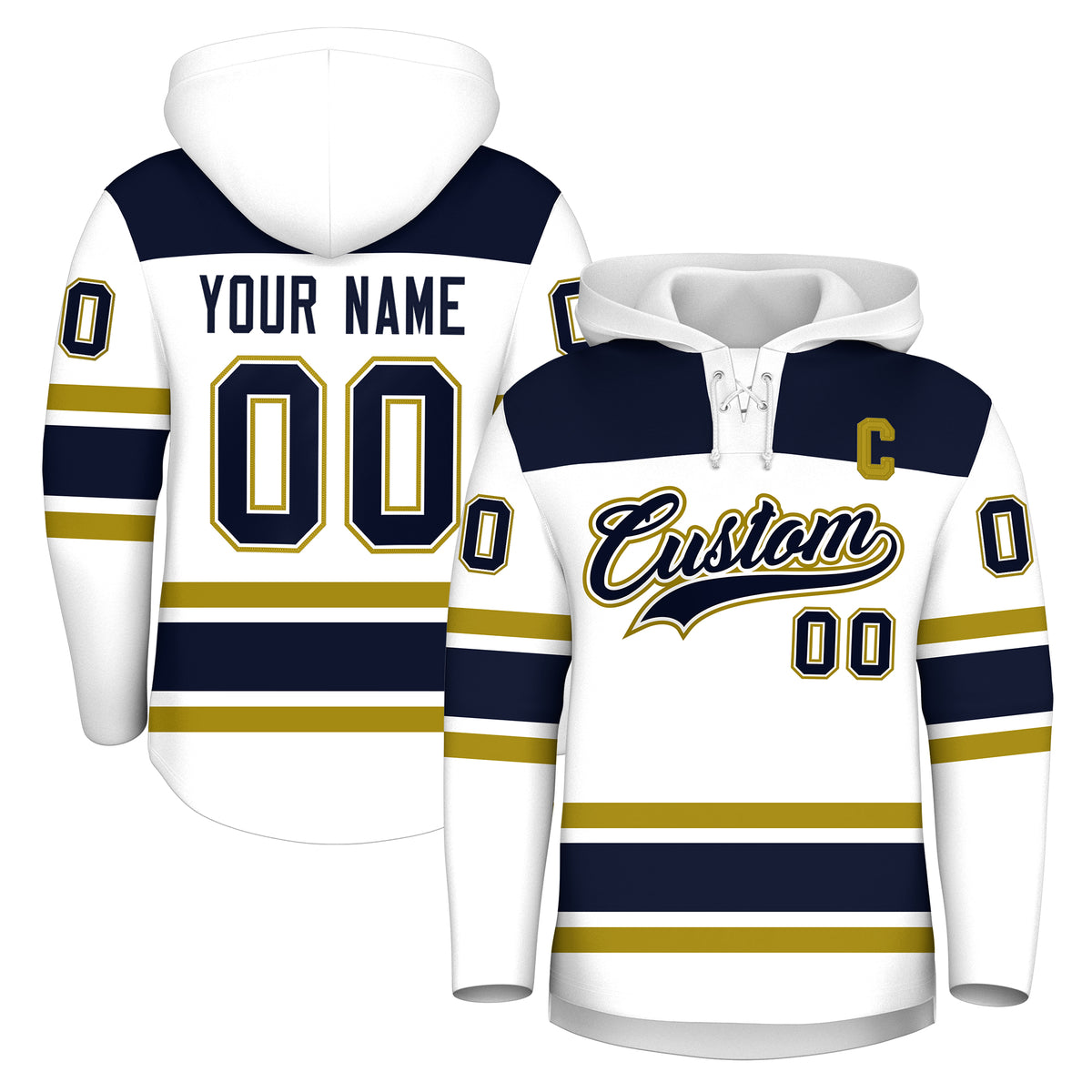 Custom Hockey Hoodie Jersey White Navy Raglan Sleeves Lace-Up Neck Personal Name & Number & Logo
