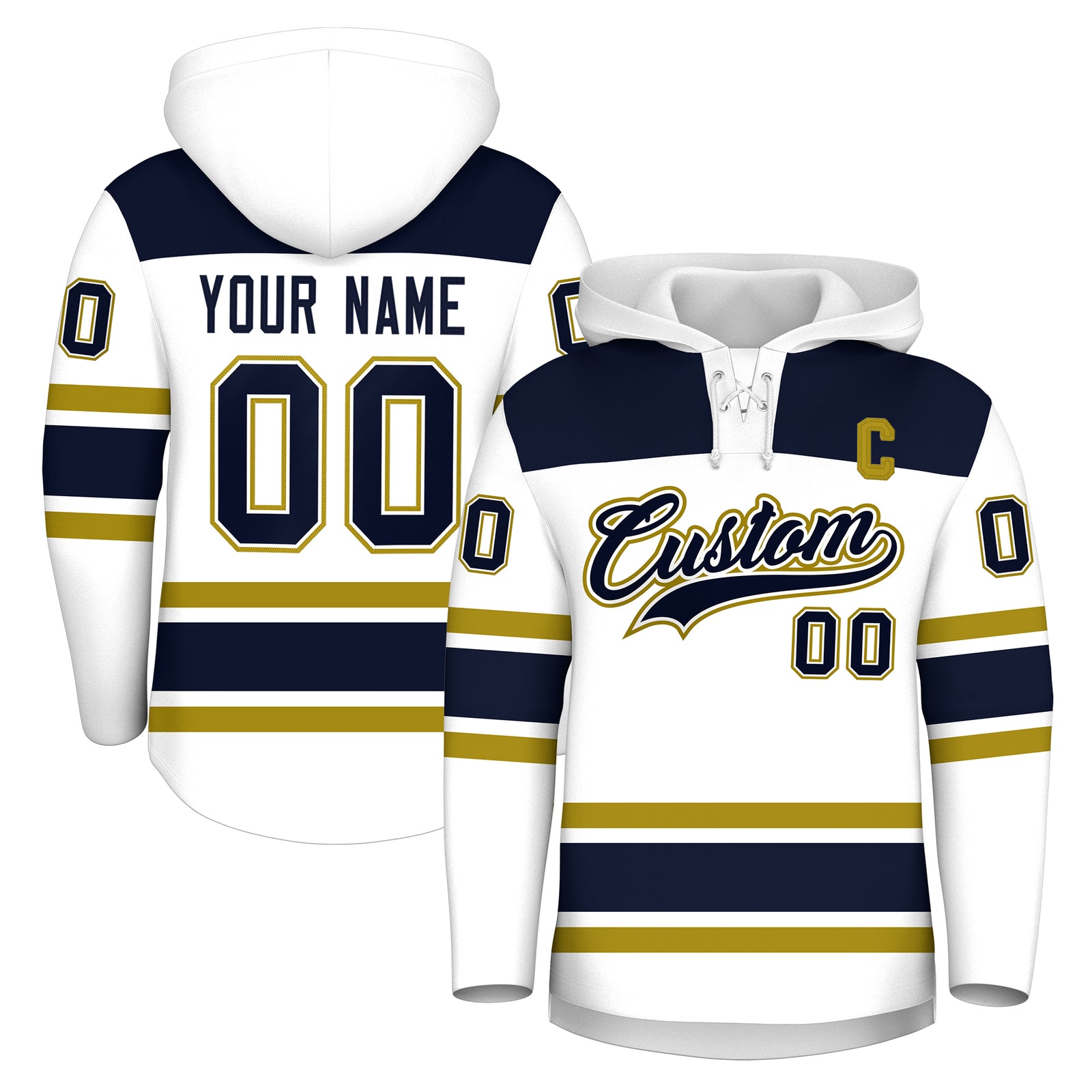 Custom Hockey Hoodie Jersey White Navy Raglan Sleeves Lace-Up Neck Personal Name & Number & Logo