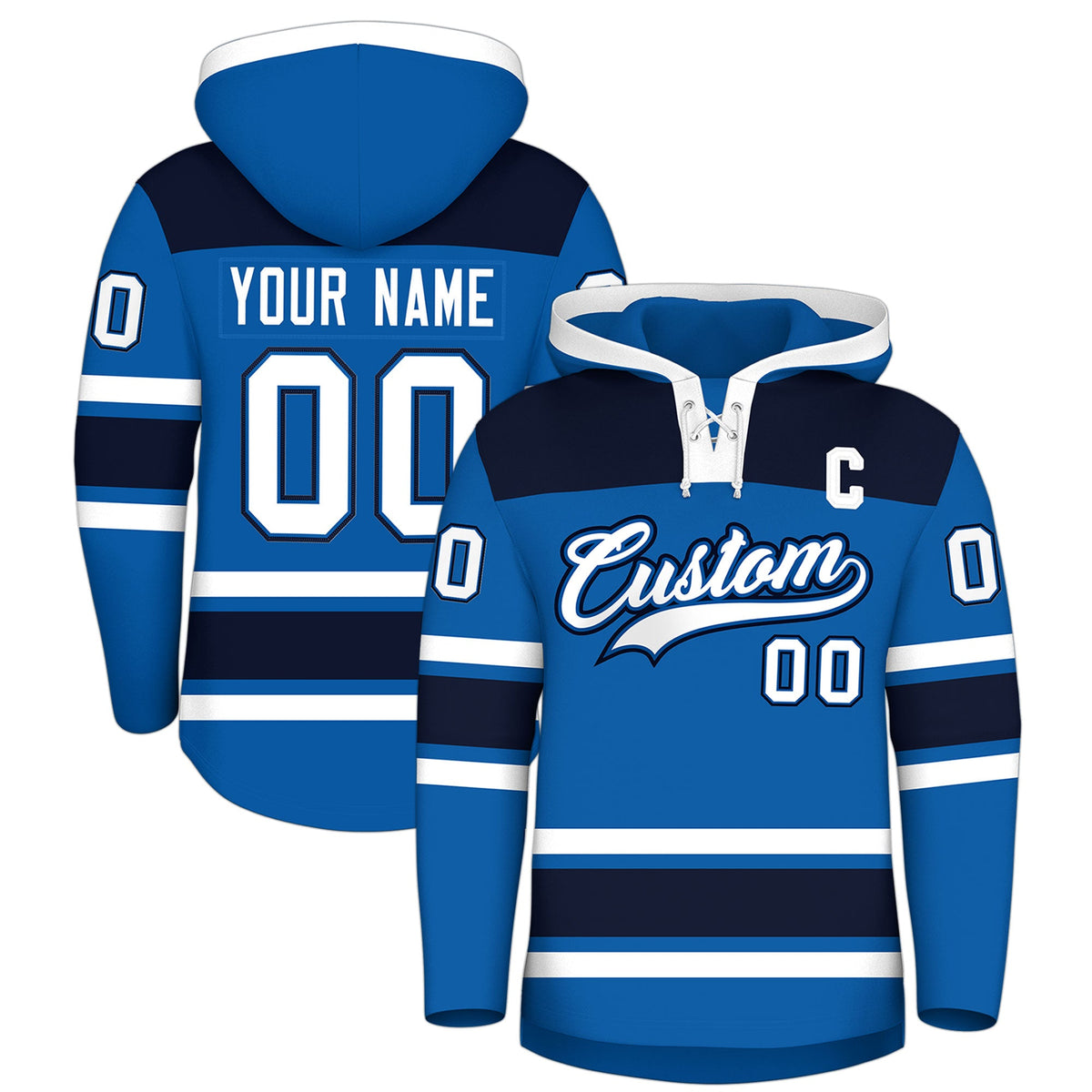 Custom Hockey Hoodie Jersey Royal Navy Raglan Sleeves Lace-Up Neck Personal Name & Number & Logo