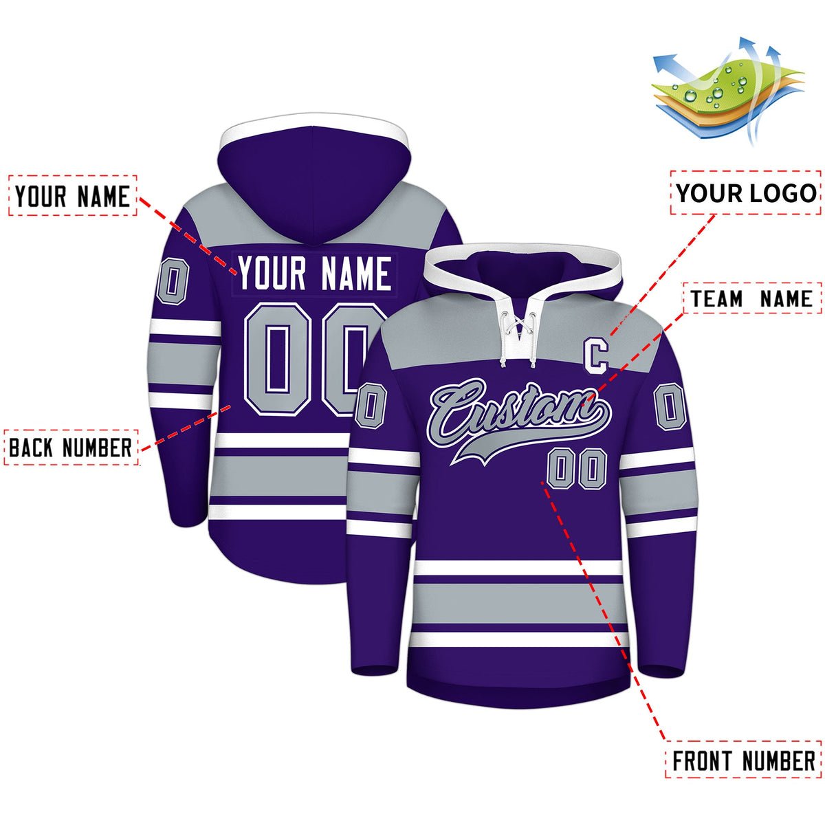 Custom Hockey Hoodie Jersey Purple Silver Raglan Sleeves Lace-Up Neck Personal Name & Number & Logo