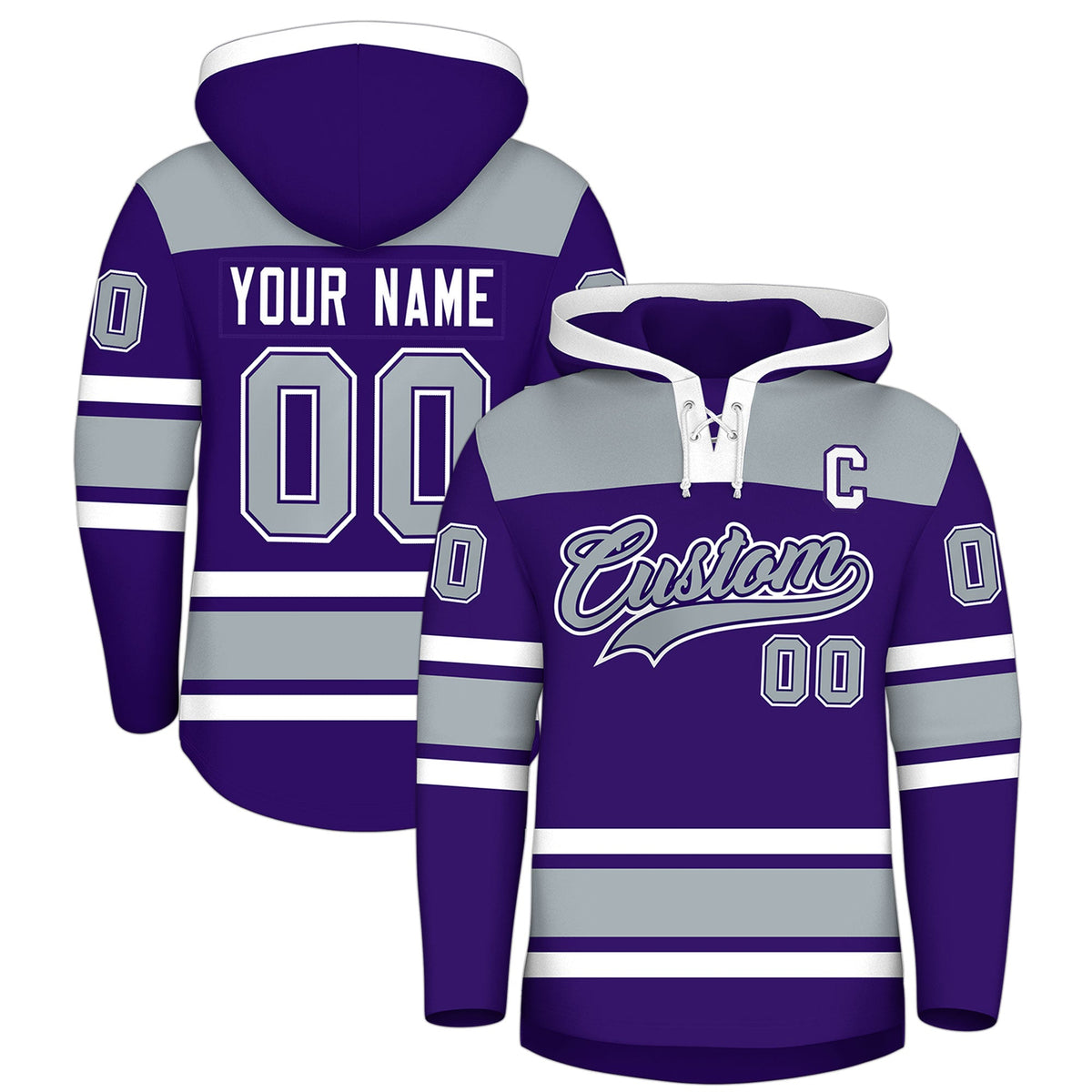 Custom Hockey Hoodie Jersey Purple Silver Raglan Sleeves Lace-Up Neck Personal Name & Number & Logo