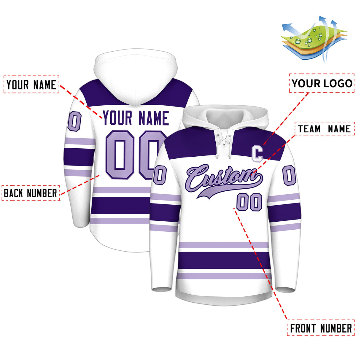 Custom Hockey Hoodie Jersey White Purple Raglan Sleeves Lace-Up Neck Personalized Jersey for Men & Youth