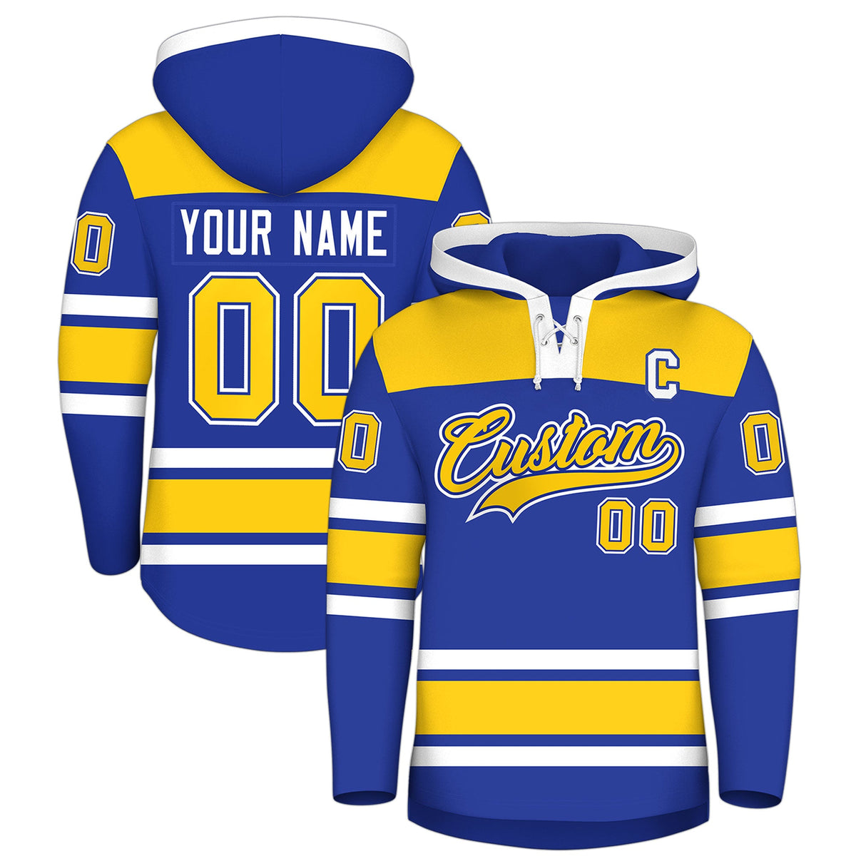 Custom Hockey Hoodie Jersey Royal Blue Gold Raglan Sleeves Lace-Up Neck Personal Name & Number & Logo