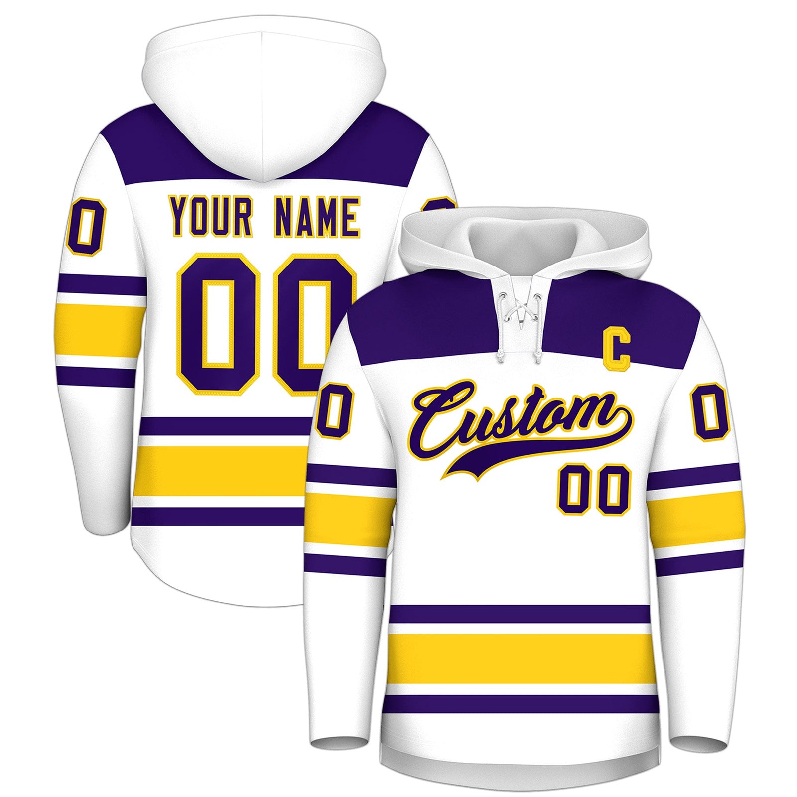 Custom Hockey Hoodie Jersey White Gold Raglan Sleeves Lace-Up Neck Personal Name & Number & Logo