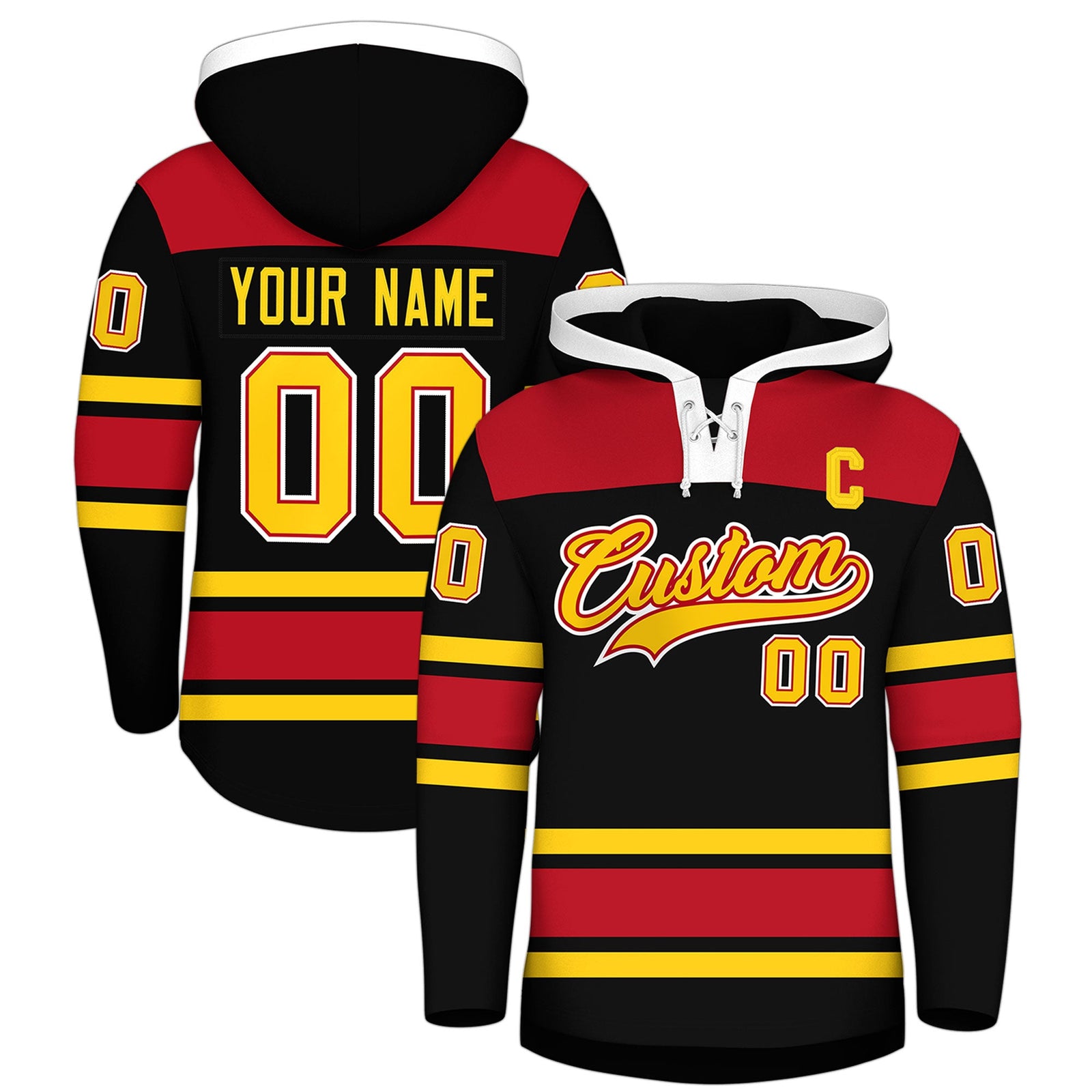 Custom Hockey Hoodie Jersey Black Red Raglan Sleeves Lace-Up Neck Personal Name & Number & Logo