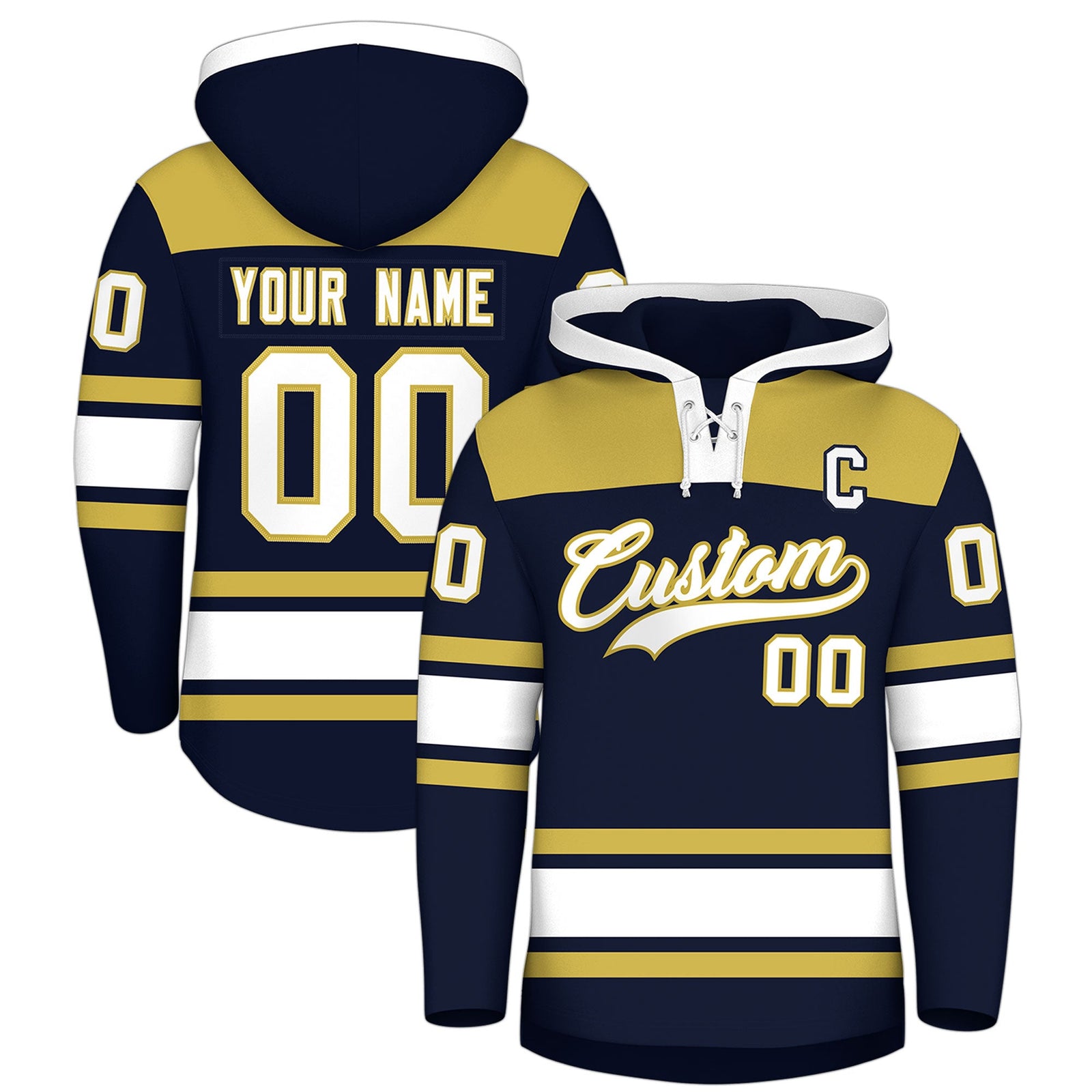 Custom Hockey Hoodie Jersey Navy Old Gold Raglan Sleeves Lace-Up Neck Personalized Jersey for Men & Youth