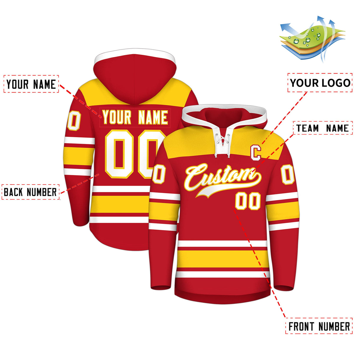 Custom Hockey Hoodie Jersey Red Gold Raglan Sleeves Lace-Up Neck Personalized Jersey for Men & Youth