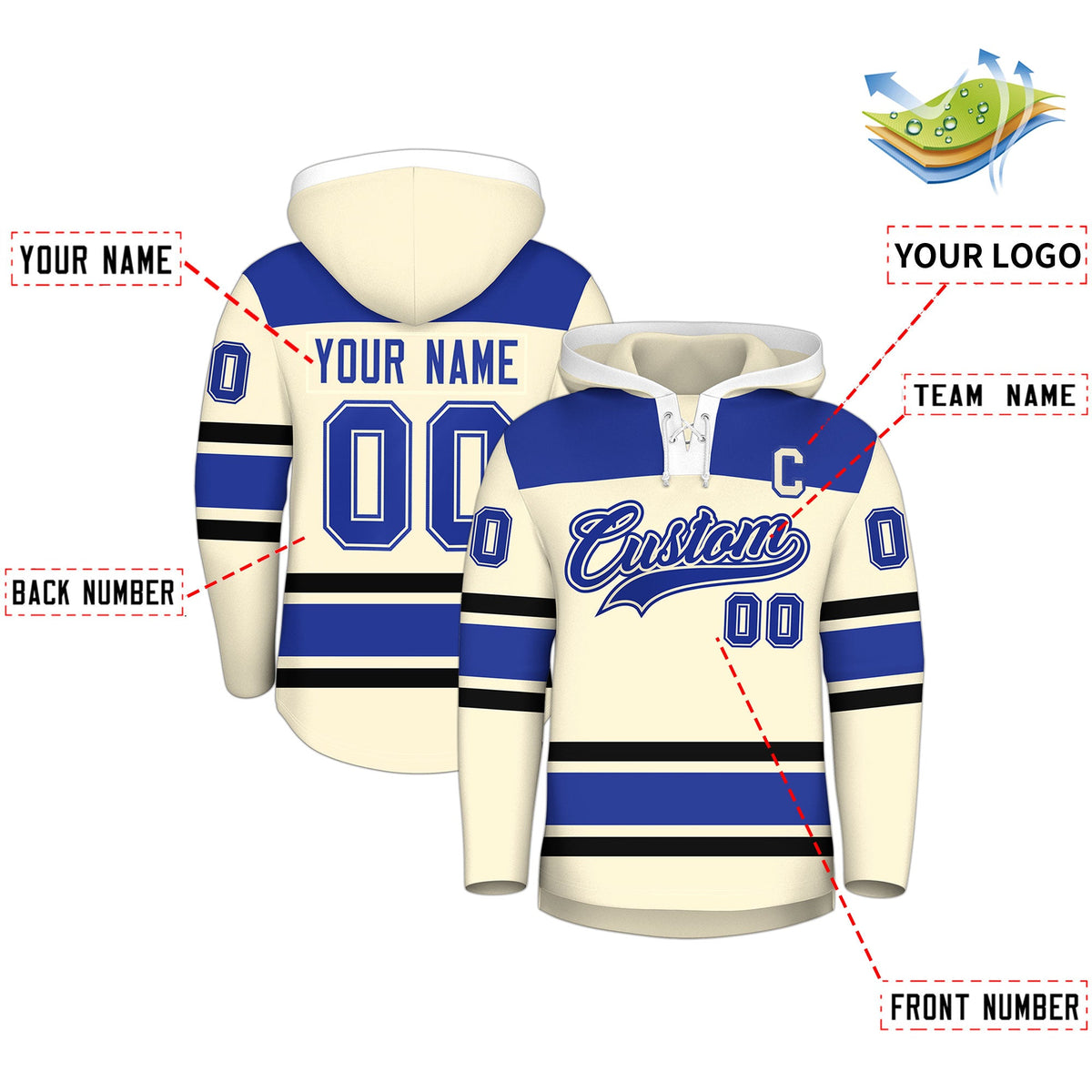 Custom Hockey Hoodie Jersey Cream Royal Blue Raglan Sleeves Lace-Up Neck Personal Name & Number & Logo