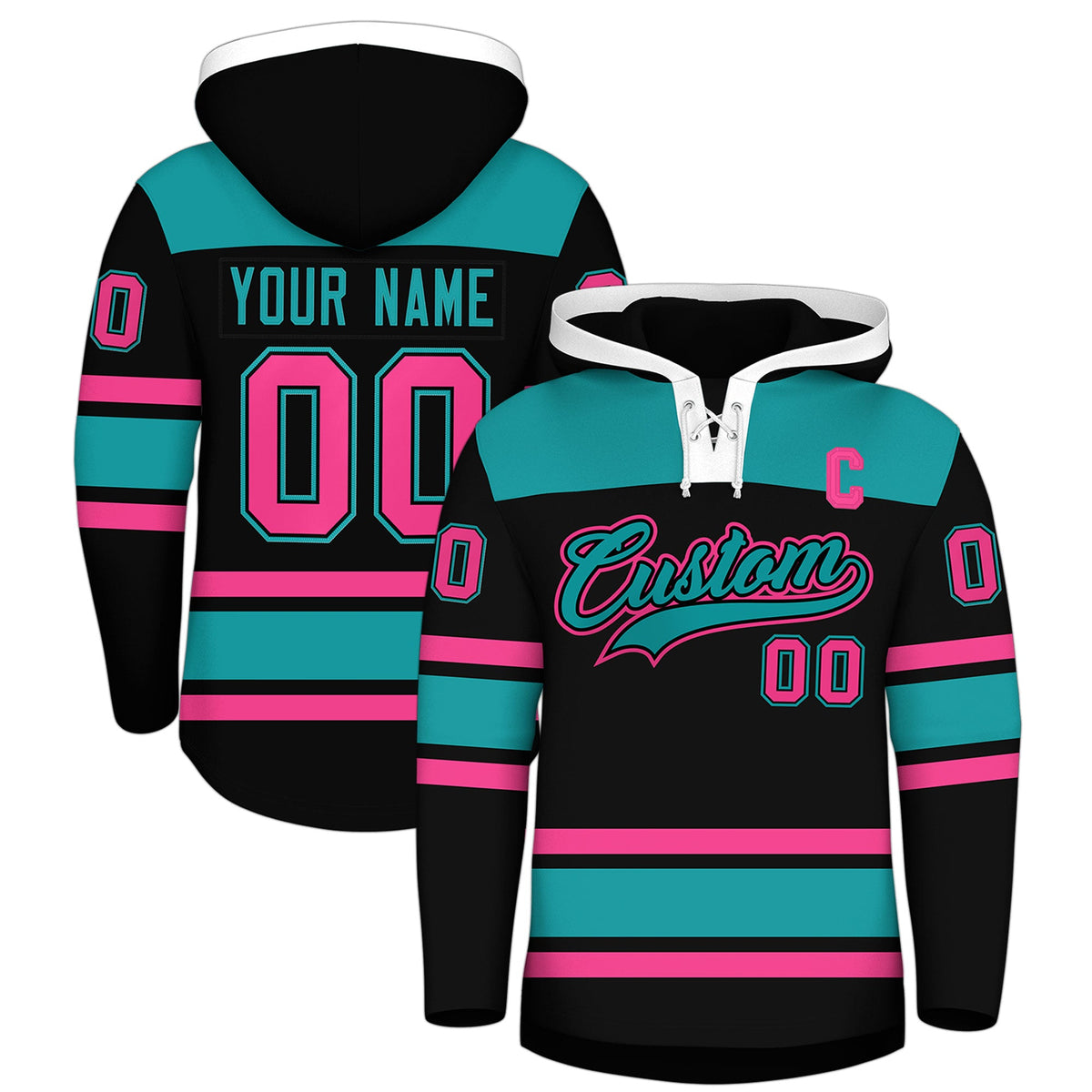 Custom Hockey Hoodie Jersey Black Aqua Raglan Sleeves Lace-Up Neck Personalized Jersey for Men & Youth
