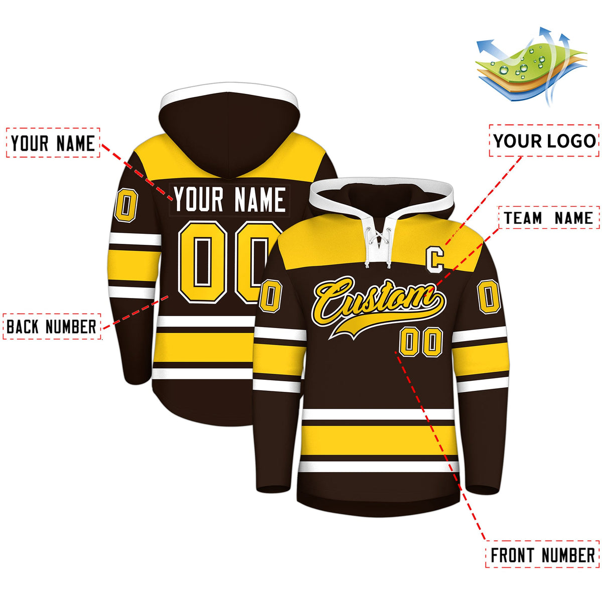 Custom Hockey Hoodie Jersey Brown Gold Raglan Sleeves Lace-Up Neck Personalized Jersey for Men & Youth
