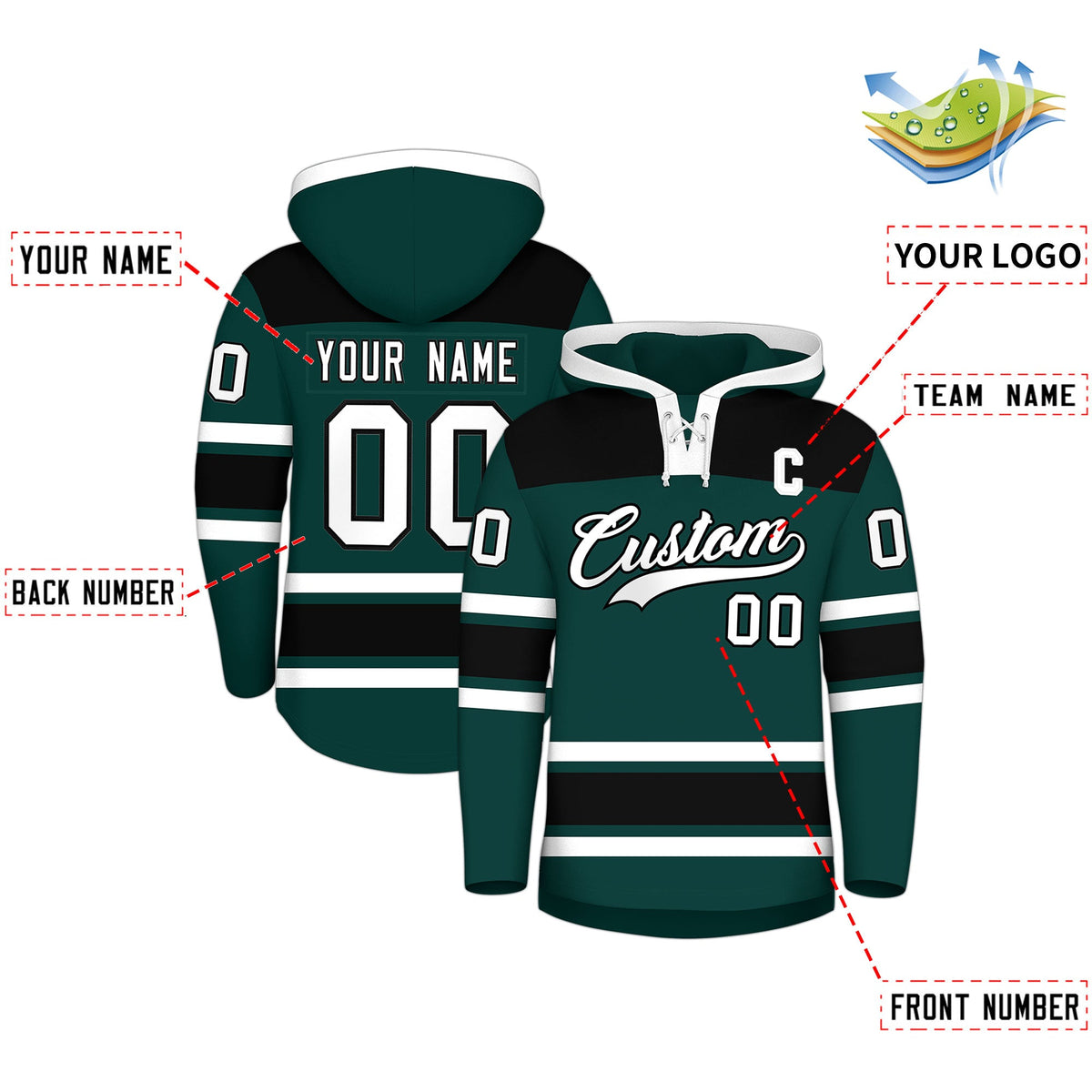 Custom Hockey Hoodie Jersey Midnight Green Black Raglan Sleeves Lace-Up Neck Personal Name & Number & Logo