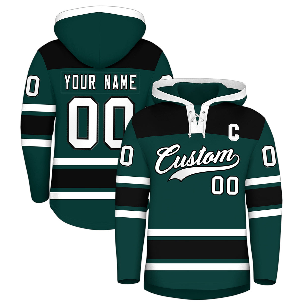 Custom Hockey Hoodie Jersey Midnight Green Black Raglan Sleeves Lace-Up Neck Personal Name & Number & Logo