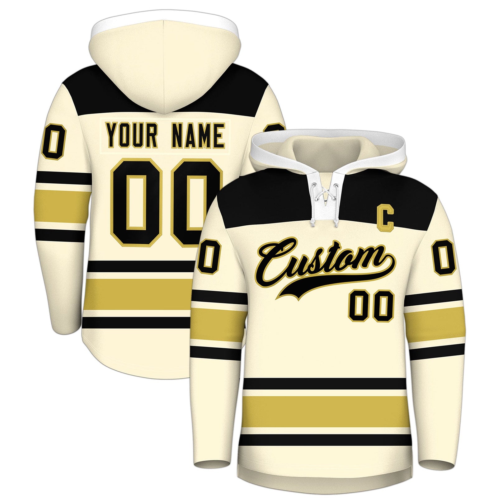 Custom Hockey Hoodie Jersey Cream Old Gold Raglan Sleeves Lace-Up Neck Personal Name & Number & Logo