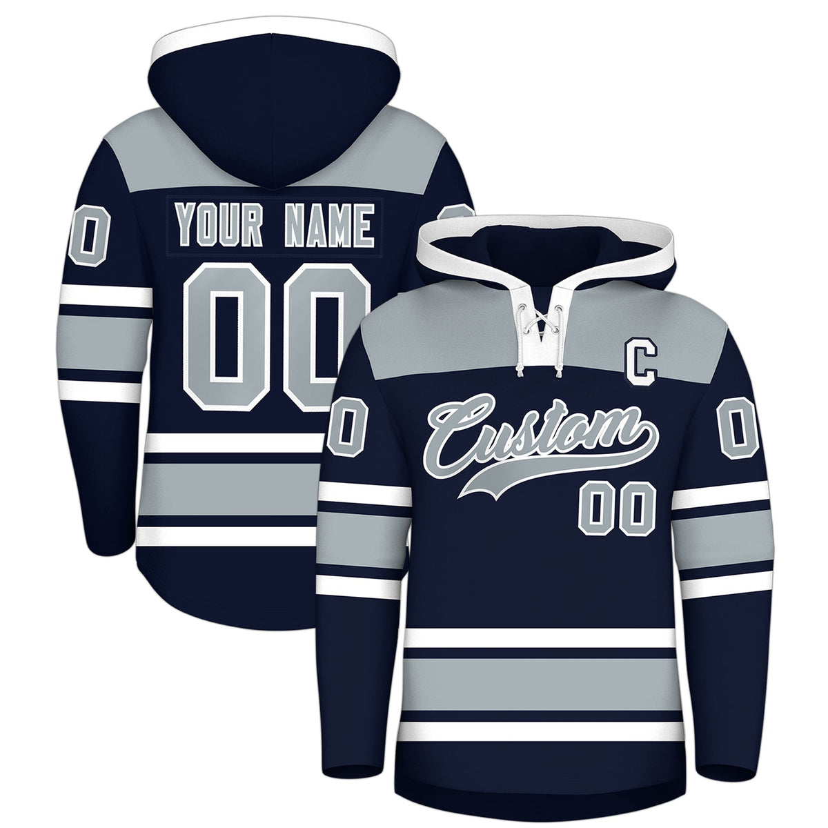 Custom Hockey Hoodie Jersey Navy Silver Raglan Sleeves Lace-Up Neck Personalized Jersey for Men & Youth