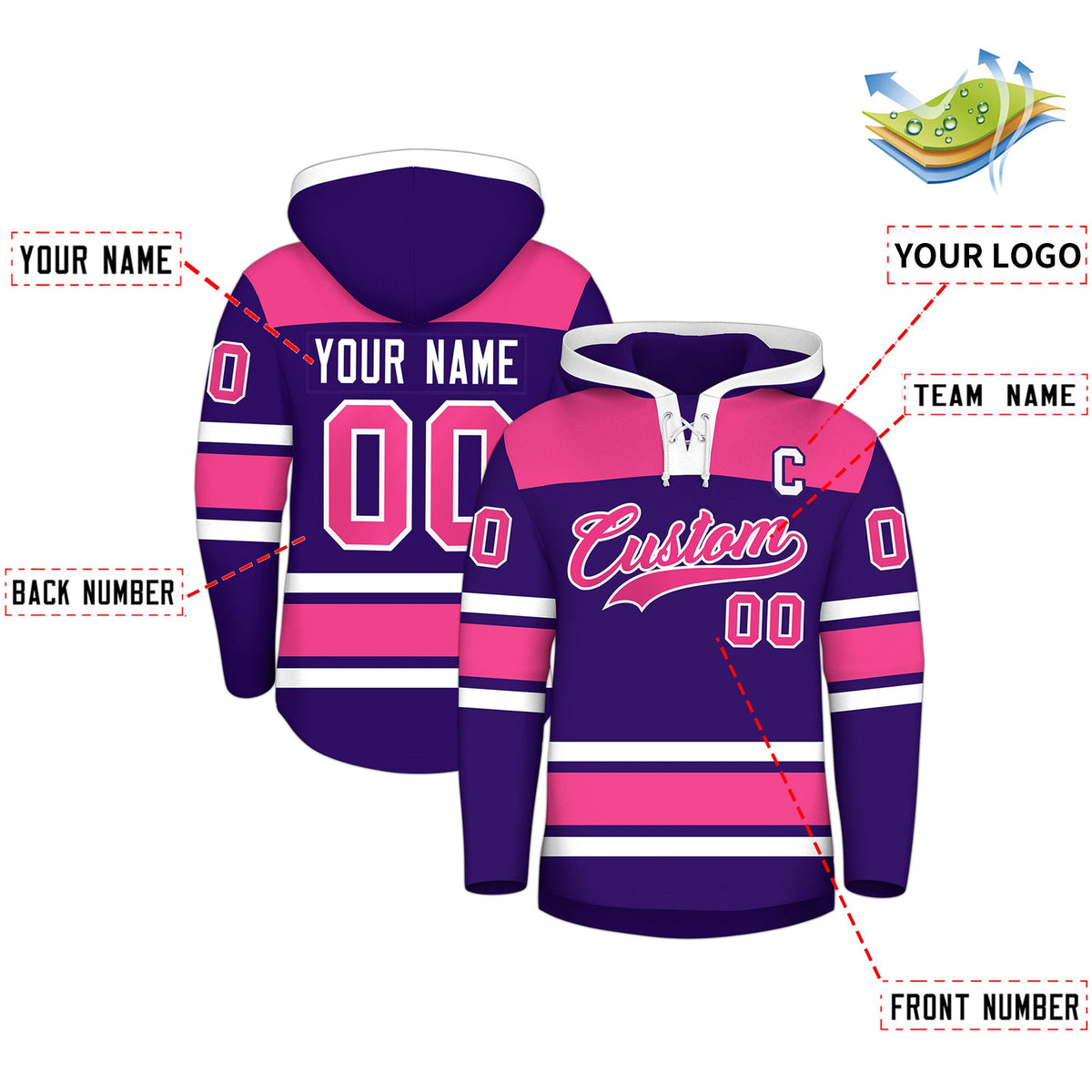 Custom Hockey Hoodie Jersey Purple Pink Raglan Sleeves Lace-Up Neck Classic Team Colors Hoodie