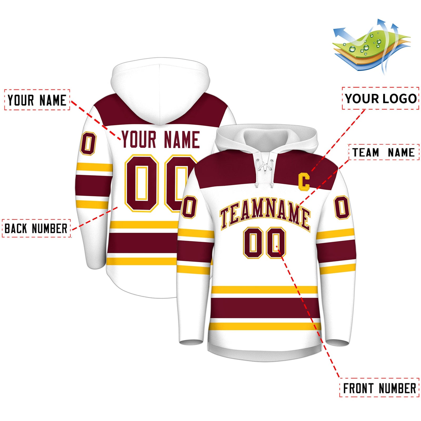 Custom Hockey Hoodie Jersey White Crimson Raglan Sleeves Lace-Up Neck Personalized Jersey for Men & Youth