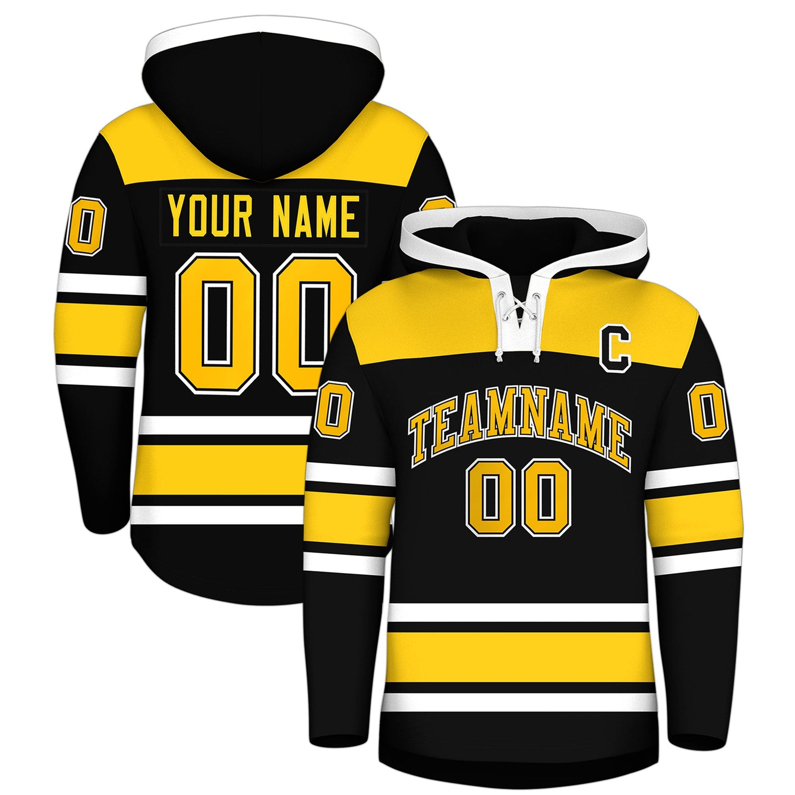 Custom Hockey Hoodie Jersey Black Gold Raglan Sleeves Lace-Up Neck Personalized Jersey for Men & Youth