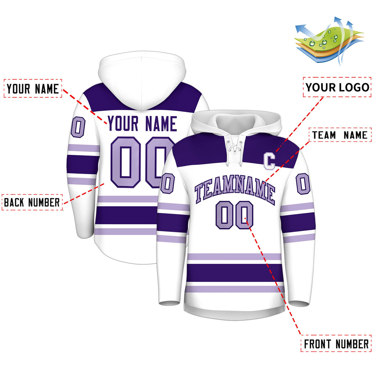 Custom Hockey Hoodie Jersey White Purple Raglan Sleeves Lace-Up Neck Personalized Jersey for Men & Youth