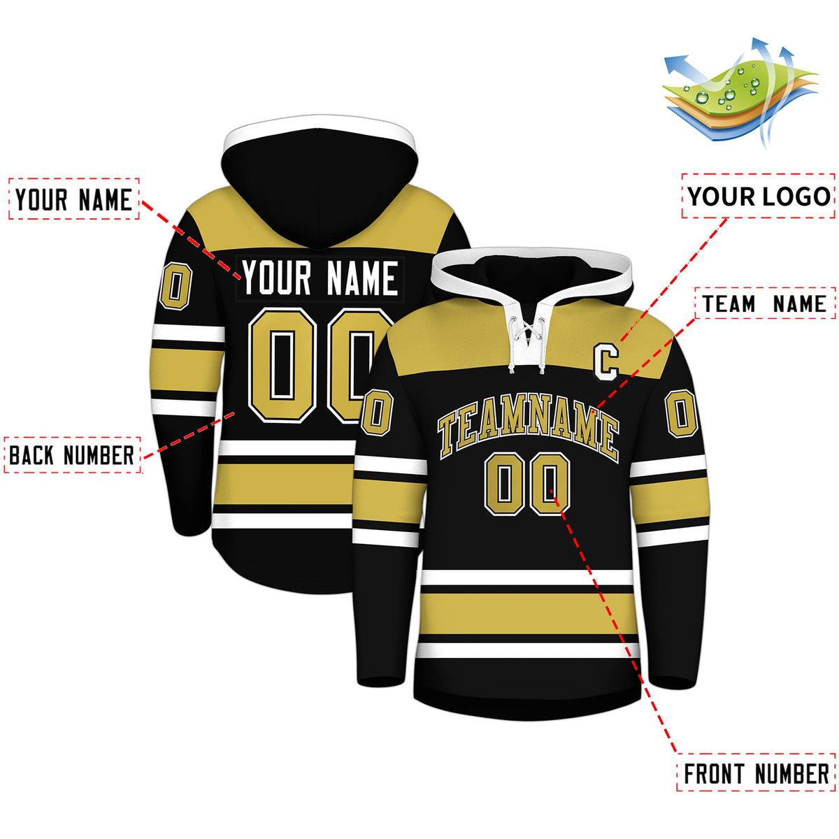 Custom Hockey Hoodie Jersey Black Old Gold Raglan Sleeves Lace-Up Neck Personal Name & Number & Logo