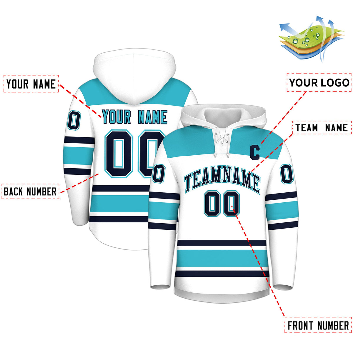 Custom Hockey Hoodie Jersey White Sky Blue Raglan Sleeves Lace-Up Neck Personalized Jersey for Men & Youth