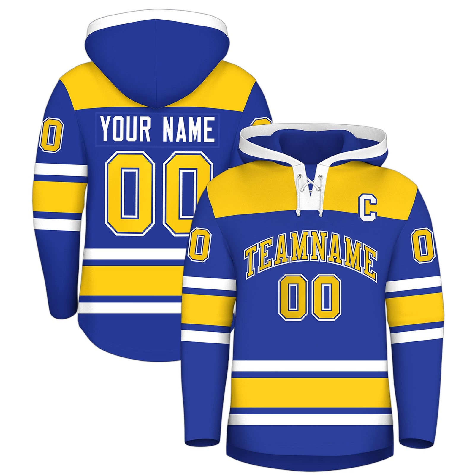 Custom Hockey Hoodie Jersey Royal Blue Gold Raglan Sleeves Lace-Up Neck Personal Name & Number & Logo