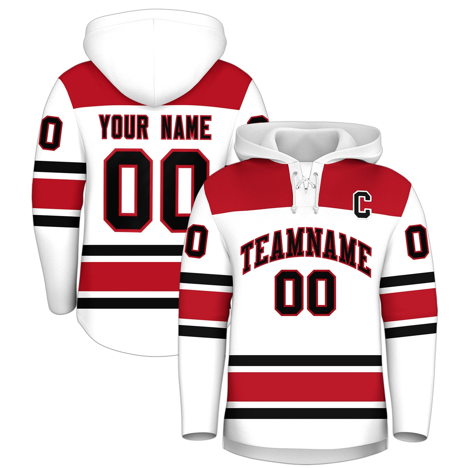 Custom Hockey Hoodie Jersey White Red Raglan Sleeves Lace-Up Neck Classic Team Colors Hoodie