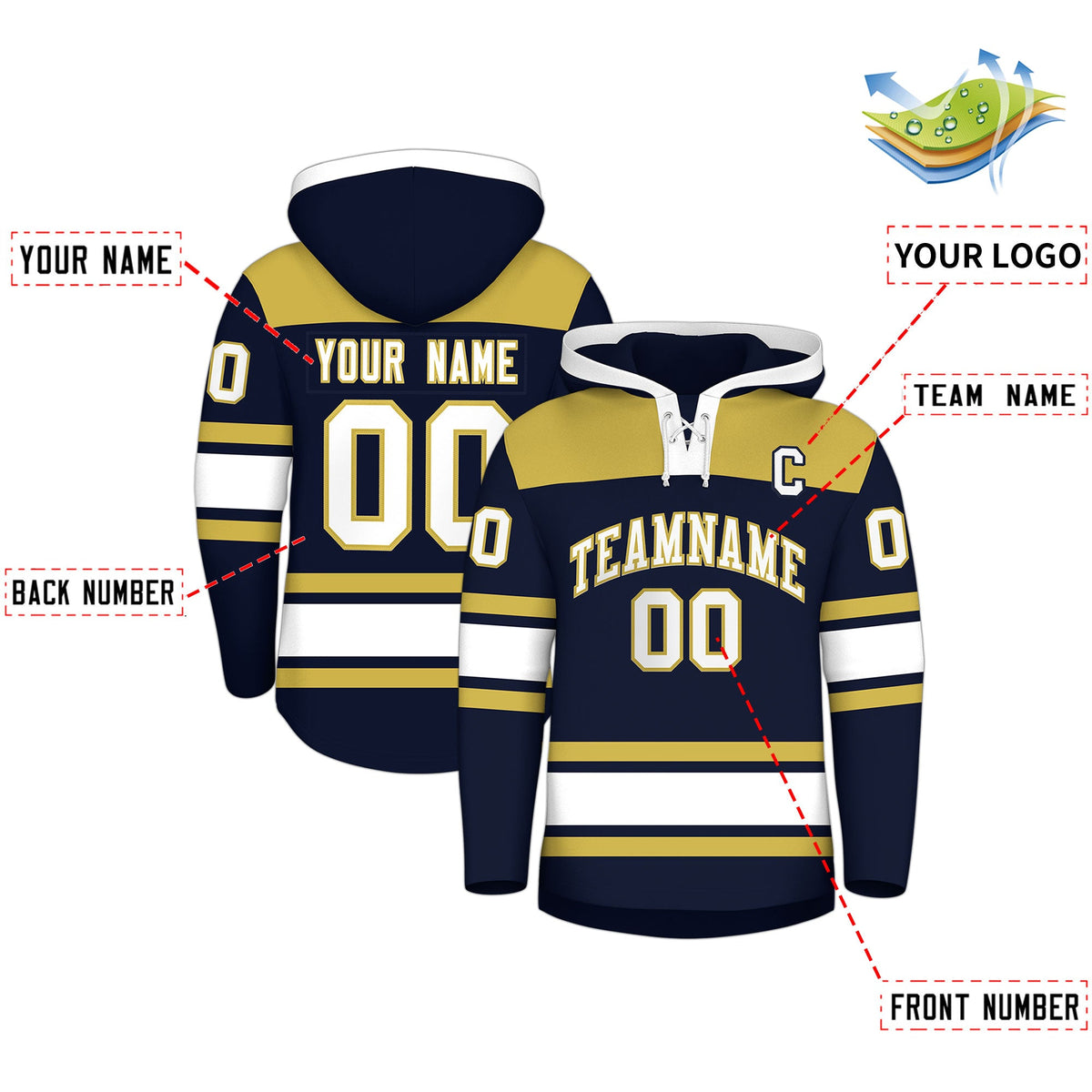 Custom Hockey Hoodie Jersey Navy Old Gold Raglan Sleeves Lace-Up Neck Personalized Jersey for Men & Youth