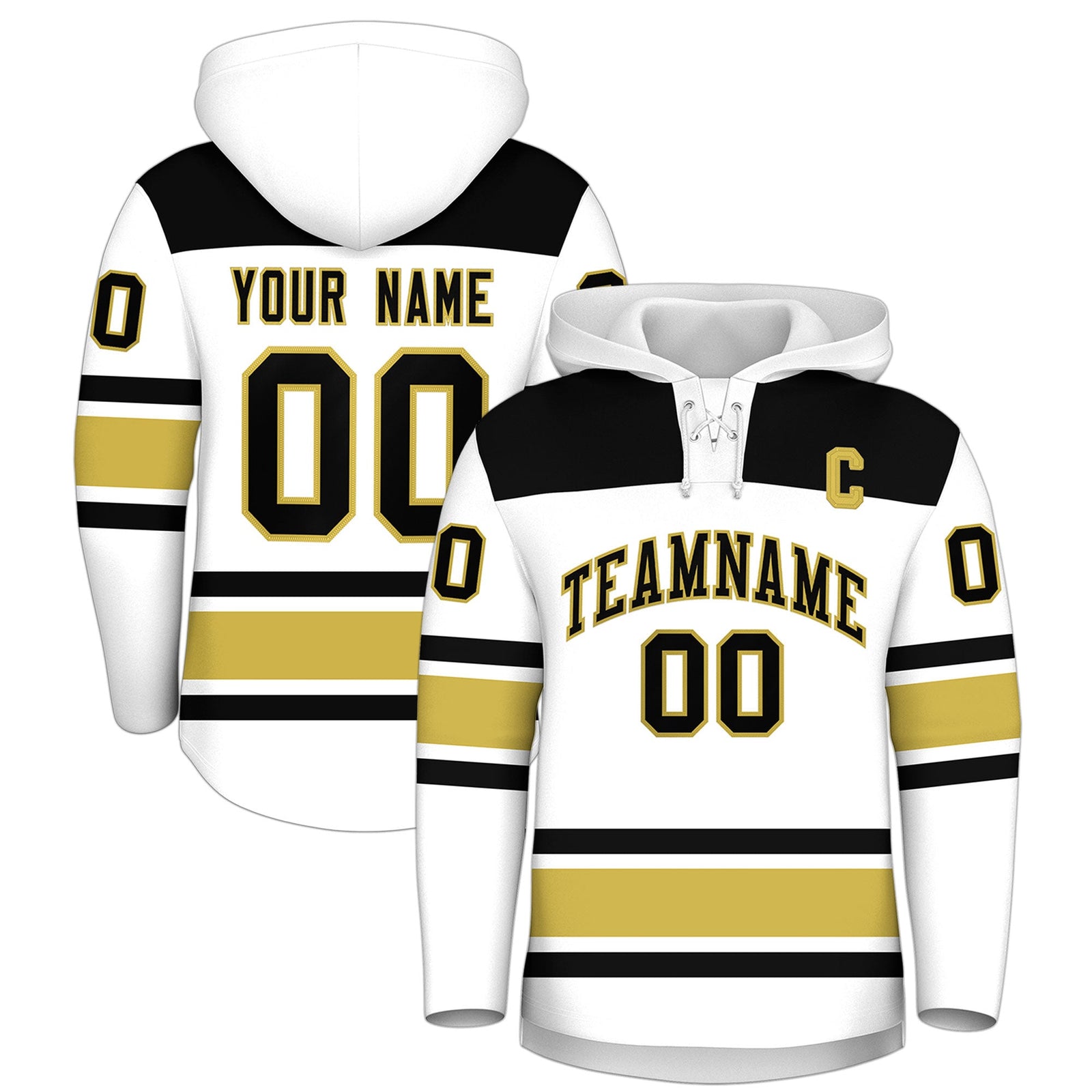 Custom Hockey Hoodie Jersey White Old Gold Raglan Sleeves Lace-Up Neck Classic Team Colors Hoodie