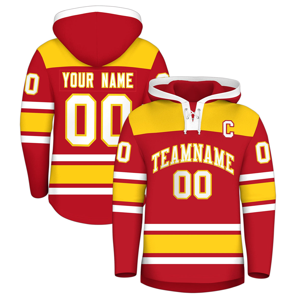 Custom Hockey Hoodie Jersey Red Gold Raglan Sleeves Lace-Up Neck Personalized Jersey for Men & Youth