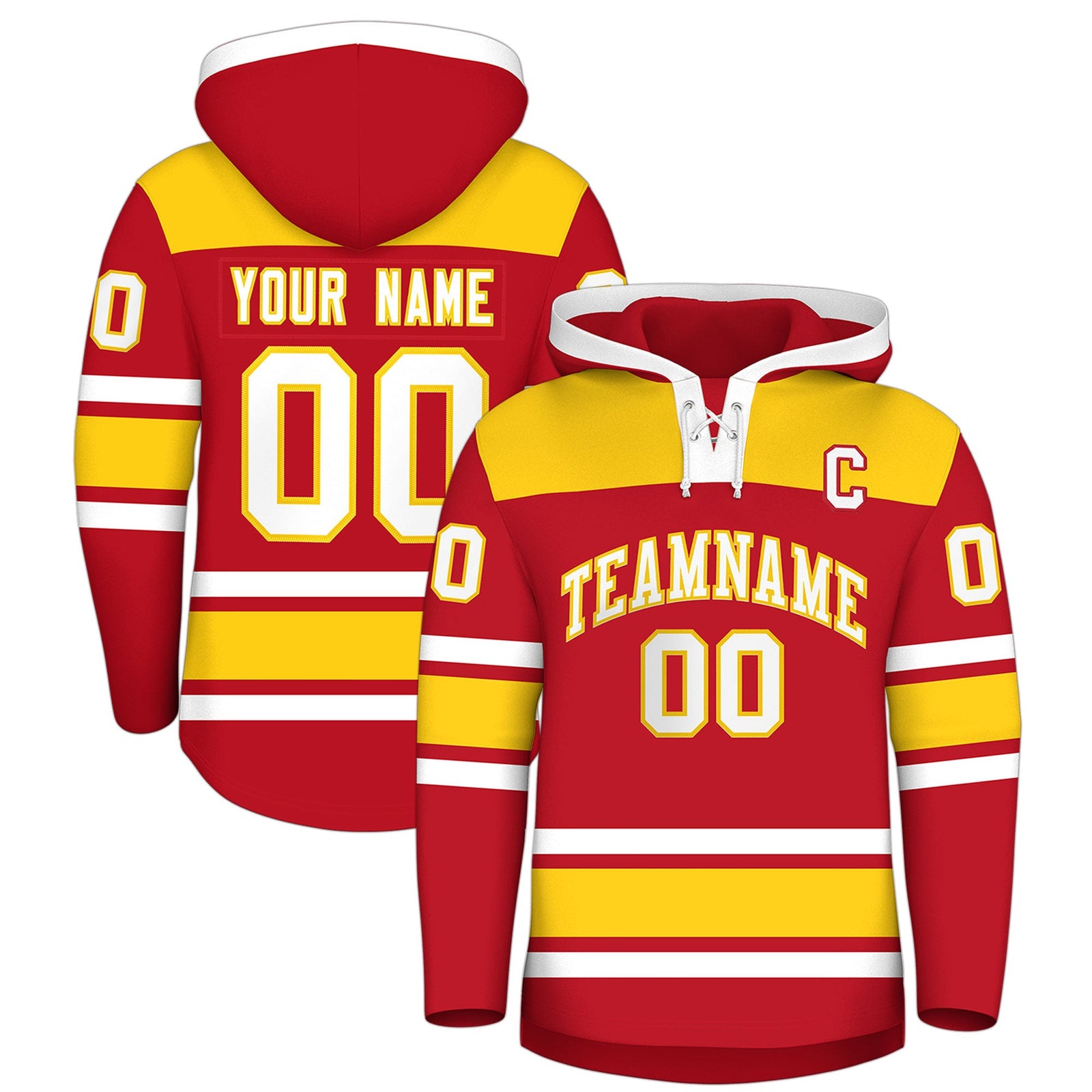 Custom Hockey Hoodie Jersey Red Gold Raglan Sleeves Lace-Up Neck Personalized Jersey for Men & Youth