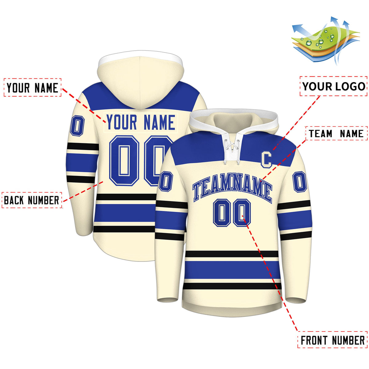 Custom Hockey Hoodie Jersey Cream Royal Blue Raglan Sleeves Lace-Up Neck Personal Name & Number & Logo