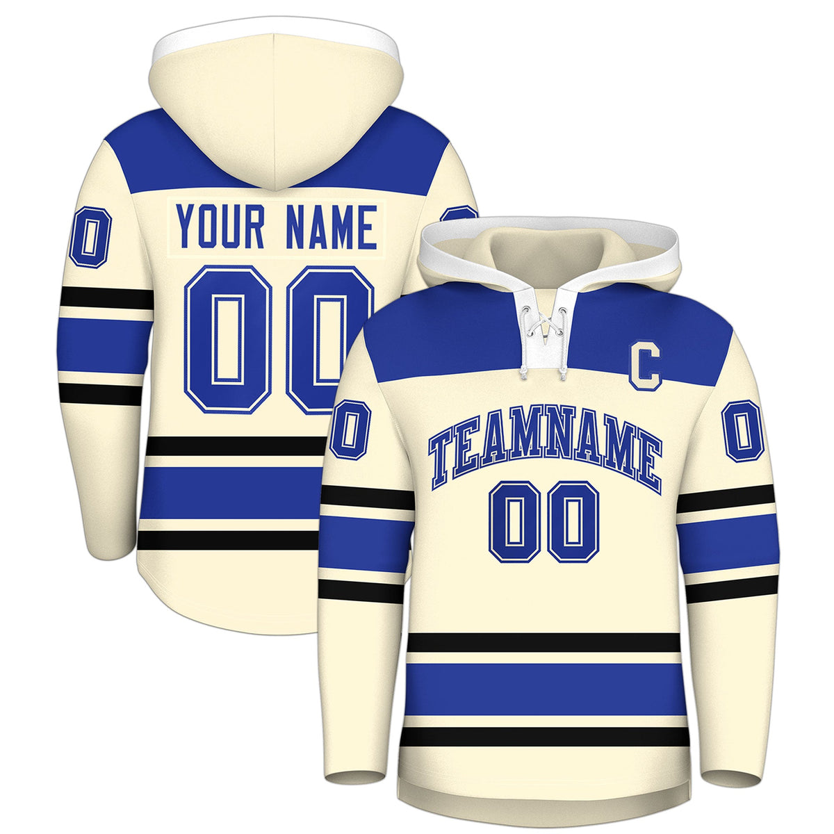 Custom Hockey Hoodie Jersey Cream Royal Blue Raglan Sleeves Lace-Up Neck Personal Name & Number & Logo