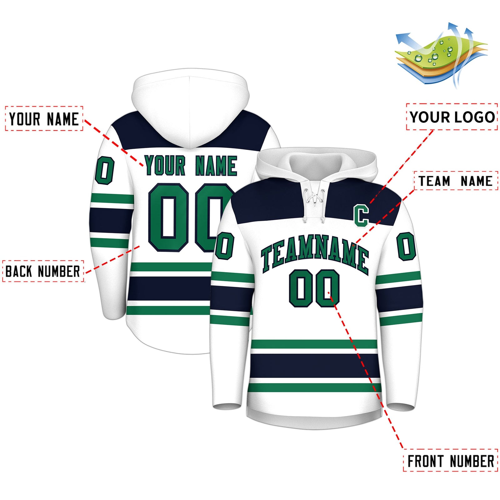 Custom Hockey Hoodie Jersey White Navy Raglan Sleeves Lace-Up Neck Classic Team Colors Hoodie
