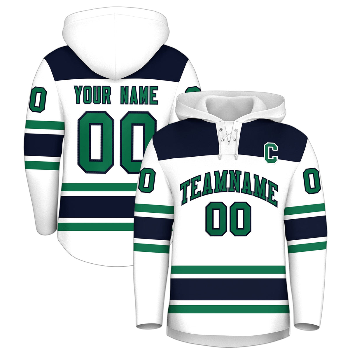 Custom Hockey Hoodie Jersey White Navy Raglan Sleeves Lace-Up Neck Classic Team Colors Hoodie