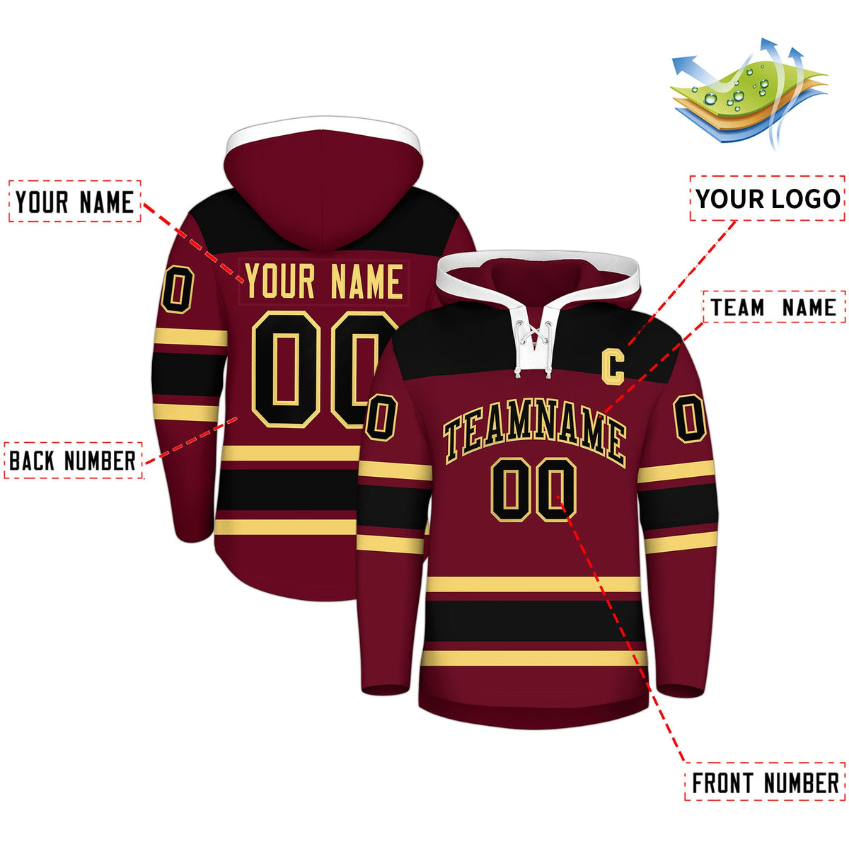 Custom Hockey Hoodie Jersey Crimson Black Raglan Sleeves Lace-Up Neck Personal Name & Number & Logo